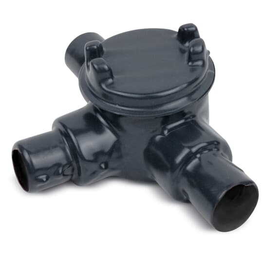 PVC Double-Coated Conduit Outlet Box for Hazardous Locations, GUAT Type - T Shape, Pipe Size 3/4 Inch/21 Metric, Box is Ductile Iron with Zinc Plating, Cover is Die Cast Aluminum, Cover Opening 2.00 Inch/50.80 Millimeters, Gray