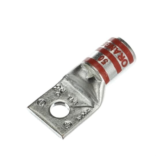 Copper One-Hole Lug, Standard Barrel, Peep Hole, Max 35kV, Wire Size 3/0 AWG, 5/16 Inch Bolt Size, Tin Plated, Die Code 50, Die Color Code Orange