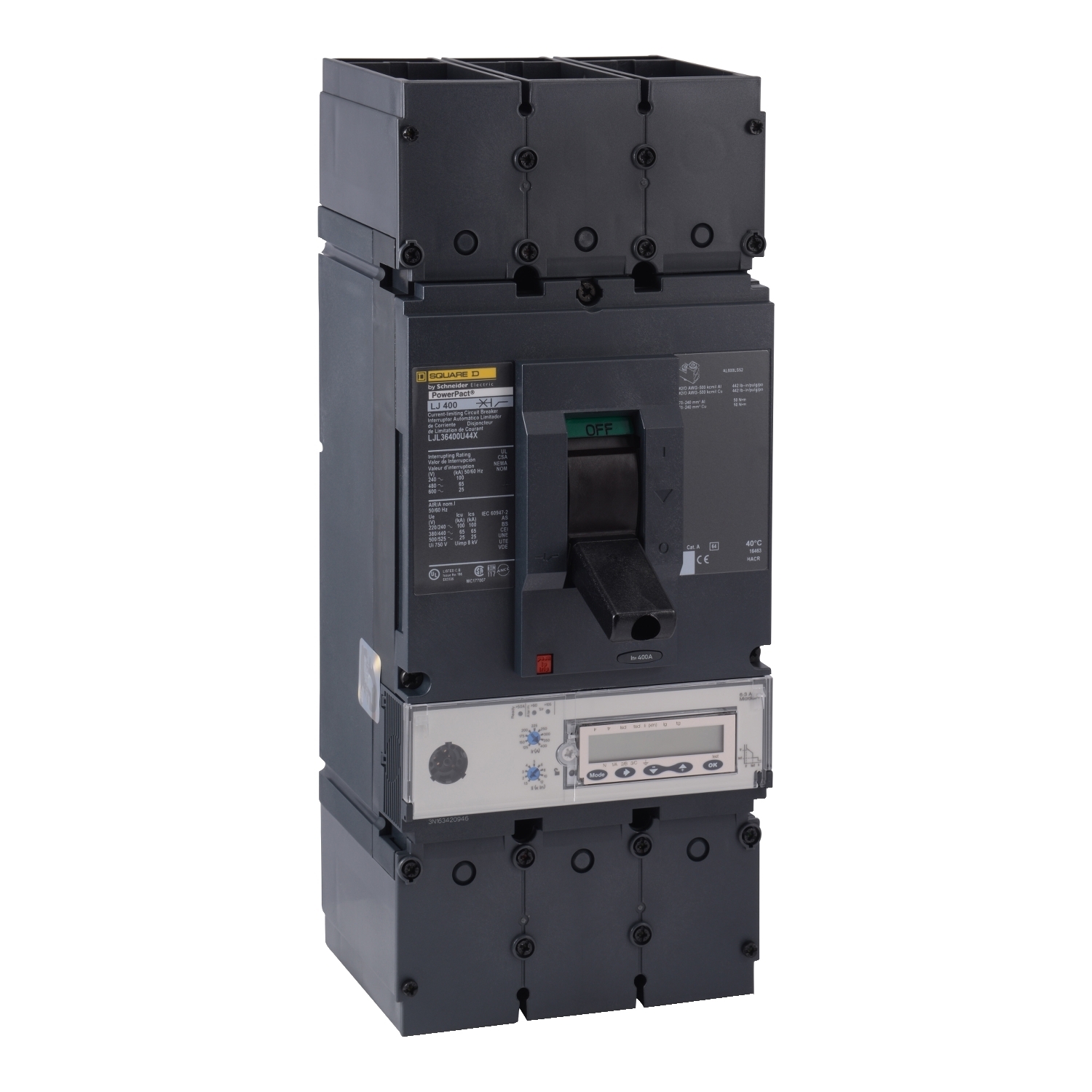 Circuit breaker, PowerPacT L, 400A, 3 pole, 600VAC, 25kA, lugs, MicroLogic 6.3A, 80%