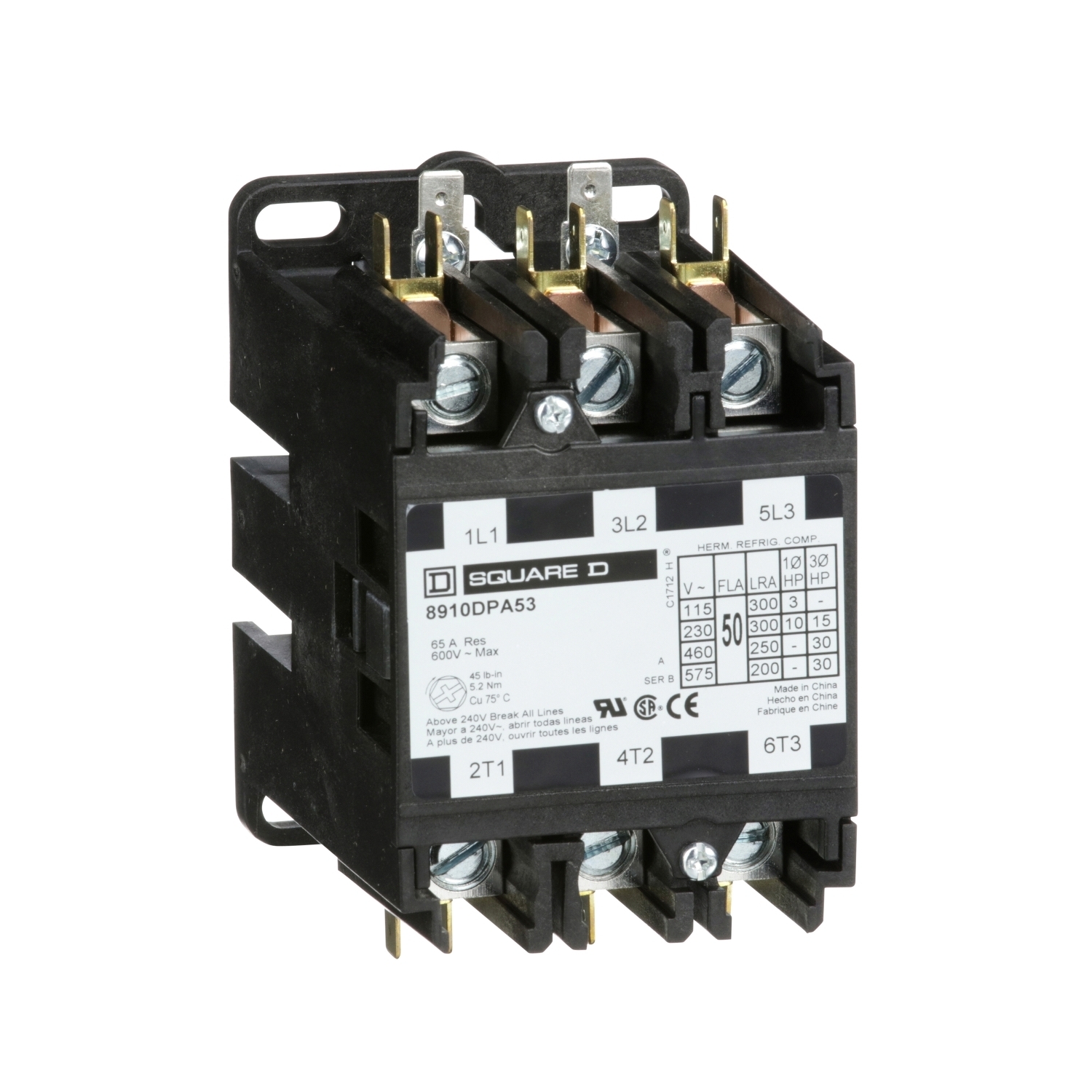 Contactor, Definite Purpose, 60A, 3 pole, 30HP at 575VAC, 3 phase, 208/240VAC 60Hz 220VAC 50Hz coil, open