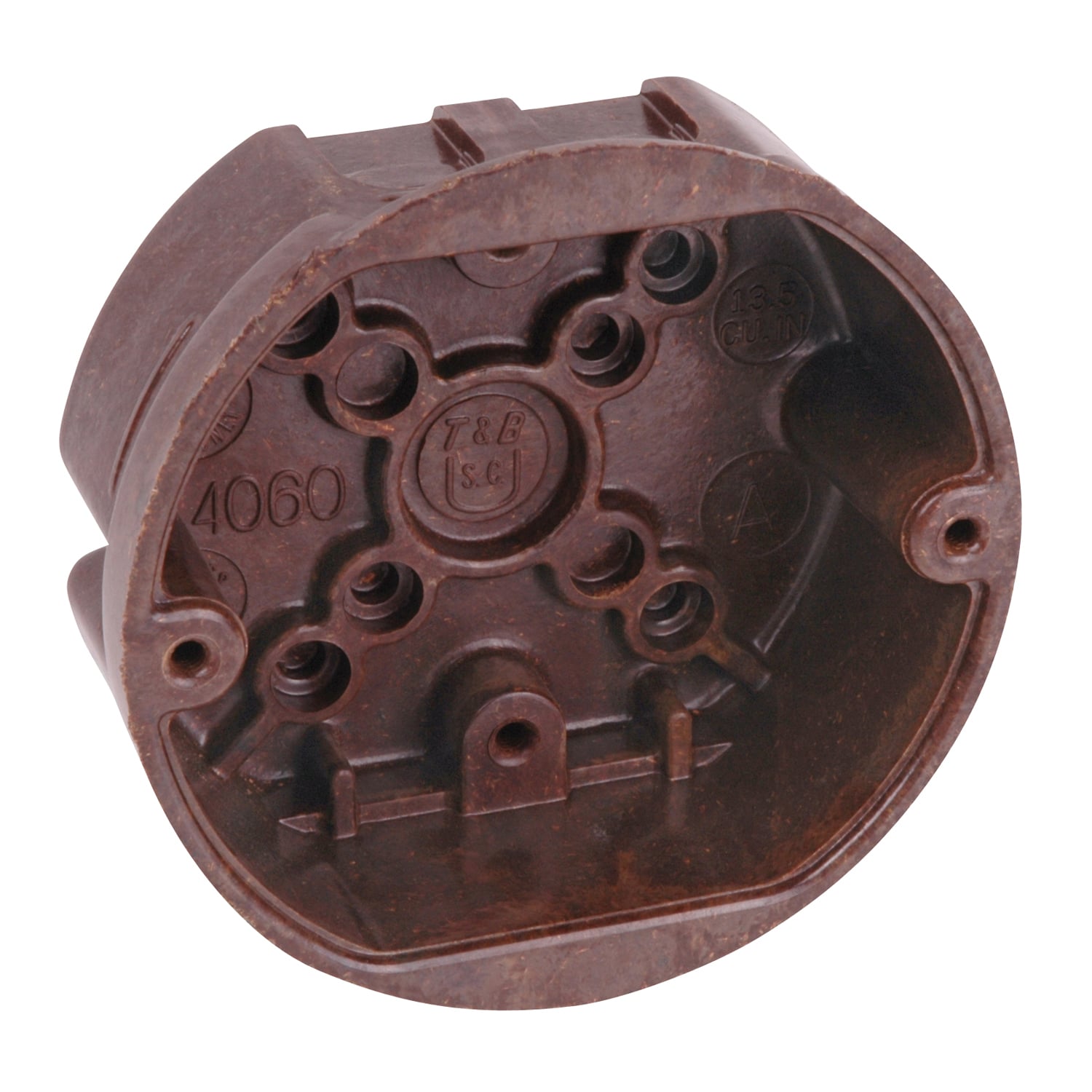 Round Ceiling/Fixture Nail-On Bracket Outlet Box, Volume 13.5 Inches, Diameter 4 Inches, Depth 1-5/8 Inches, Color Brown, Material Phenolic, Mounting Means N Bracket, with #36 Clamps