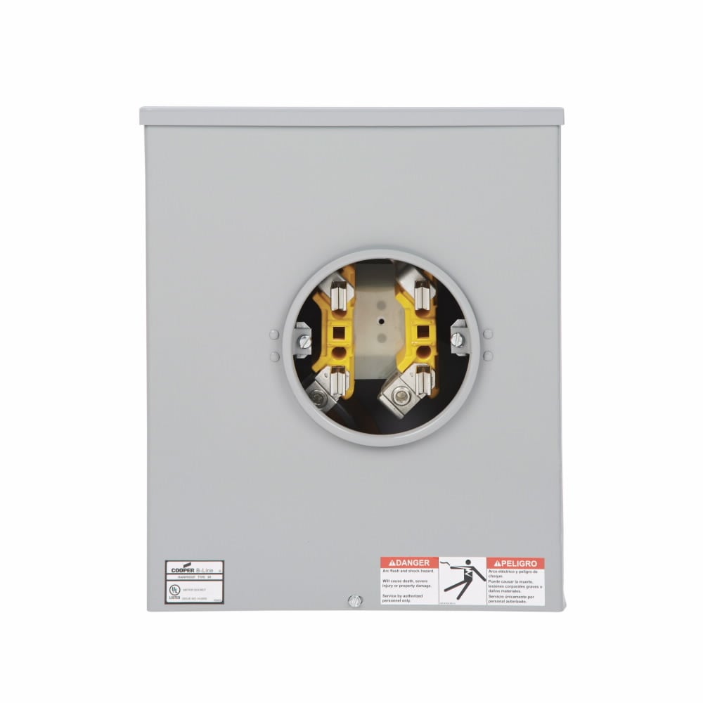 Eaton B-Line series single meter sockets, KOs top provision, 200 A, Underground, 4 jaws, Ring type, 3, Steel, ANSI 61 paint, Front, 1 pole, 3 wires, #6 - 350 MCM line lug size, #6 - 250 MCM load lug size, None
