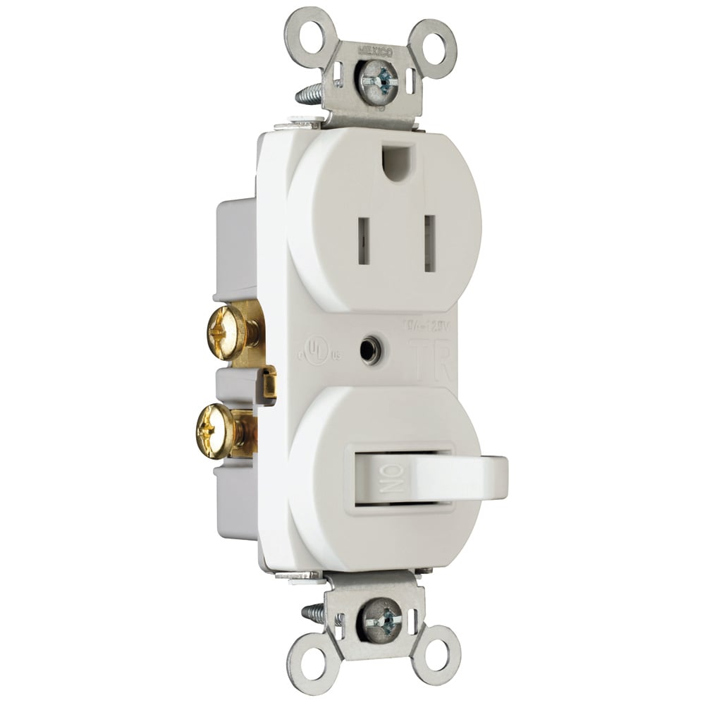 Single Pole Switch, Tamper-Resistant Receptacle. 15 amps, 120 volts, White.
