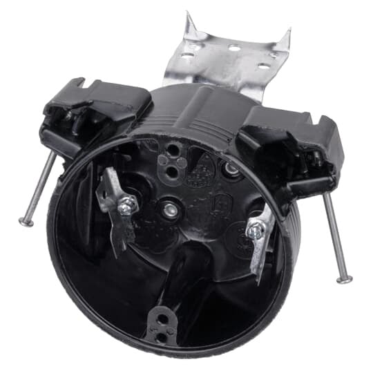 Round Ceiling/Fixture Outlet Box, Volume 21.5 Cubic Inches, Diameter 4-1/16 Inches, Depth 2-3/8 Inches, Color Brown, Material Phenolic, Mounting Means 3 Inch Bracket