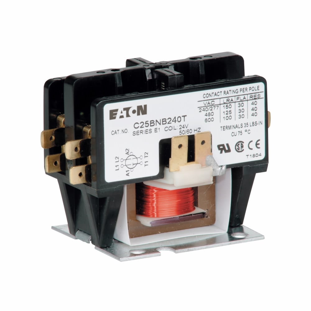 Eaton definite purpose contactor, Quick, 20A, 277 Vac, 60 Hz, Open with metal mounting plate, Compact, two-pole, 20A, Contactor, Two-pole, Power terminals: Binding head screw and quick con, Non-reversing
