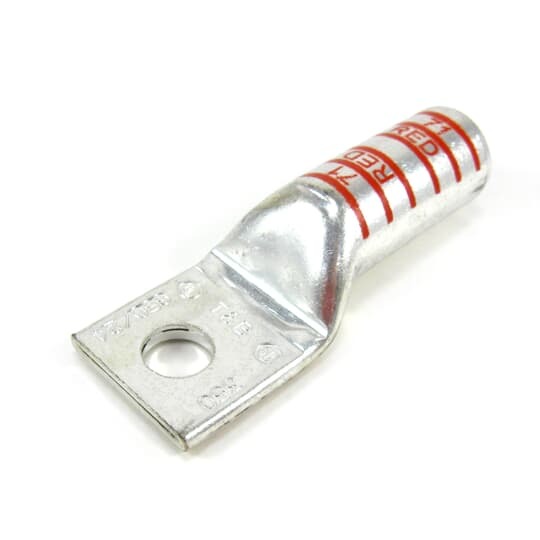 Copper One-Hole Lug, Long Barrel, Blind End, Max 35kV, Wire Size 350 kcmil, 1/2 Inch Bolt Size, Tin Plated, Die Code 71, Die Color Code Red