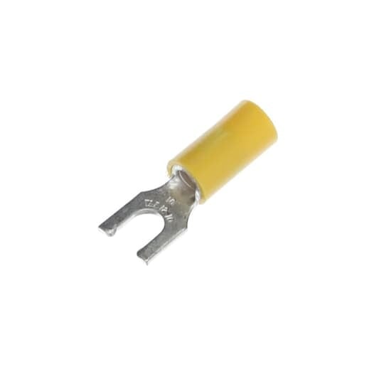 Vinyl Insulated Locking Fork Terminal, Length 1.09 Inches, Width .37 Inches, Maximum Insulation .220, Bolt Hole #10, Wire Range #12-#10 AWG, Color Yellow, Copper, Tin Plated, 500 Pack