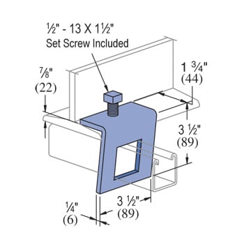 Unistrut P1796S EG Beam Clamp, ASTM A575, A576, A635 Or A36, ASTM A1011 SS GR 33 Steel, Maximum Load: 500 LB, Electro-Galvanized Conforming To ASTM B633 Type III SC1, Torque Rating: 50 FT/LB, 3-1/2 IN Length, 3-1/2 IN Width, Set Screw 1/2-13 X 1-1/2 IN, 1-3/4 IN Depth, For Use With 1-5/8 IN Channel