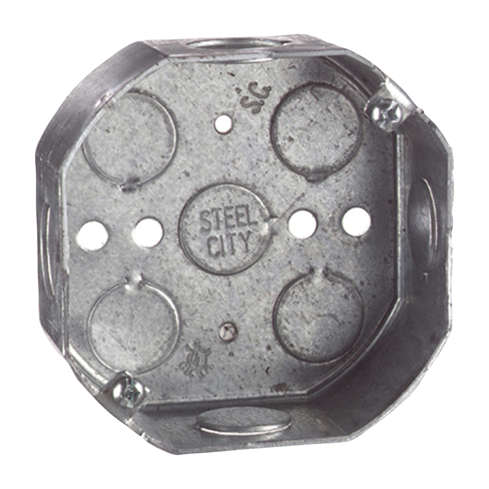 Octagon Ceiling Fan Support Box, 15.8 Cubic Inches, 4 Inch Diameter x 1-1/2 Inches Deep, 1/2 Inch Knockouts, Pre-Galvanized Steel, Drawn Construction, For use with Conduit