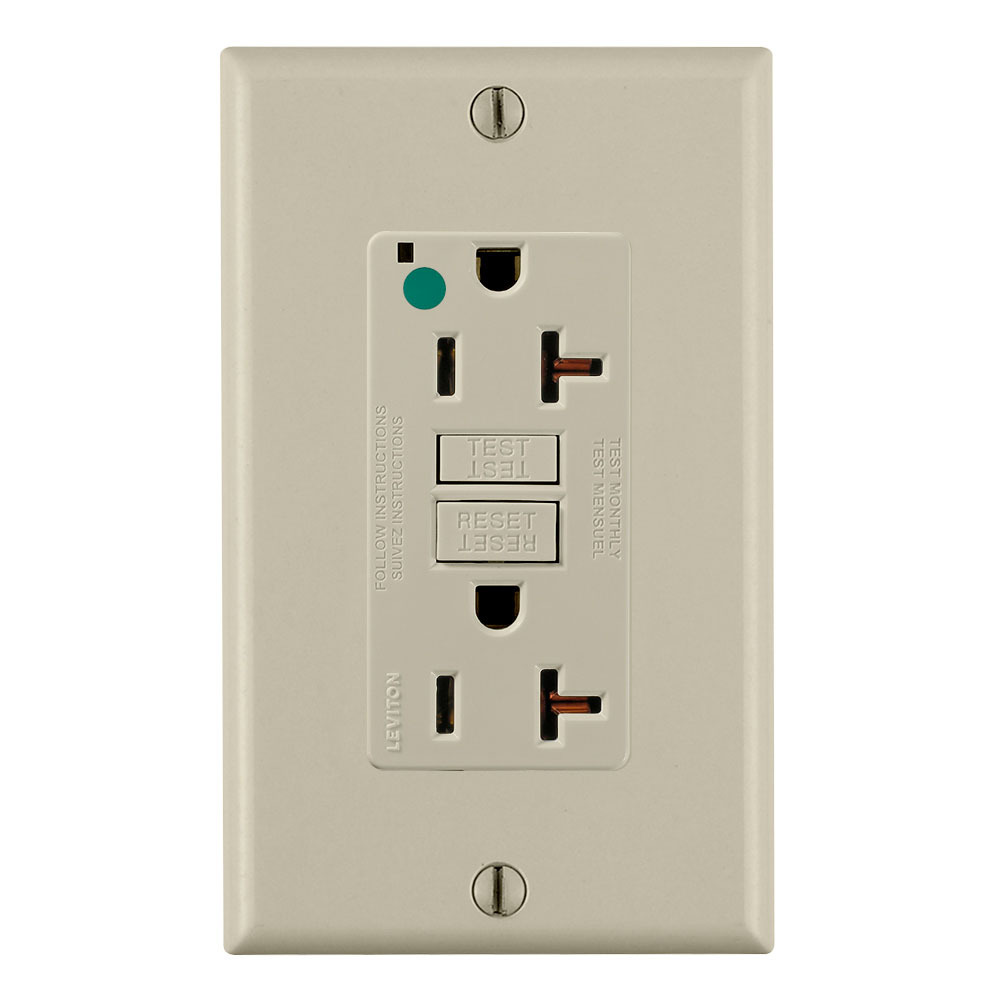 20 Amp, 125 Volt, SmartlockPro Slim Self-Test GFCI Receptacle, NAFTA Compliant Fed Spec, Hospital Grade, NEMA 5-20R, 20A Feed-Through, 2P, 3W, Matching Wallplate Included - IVORY