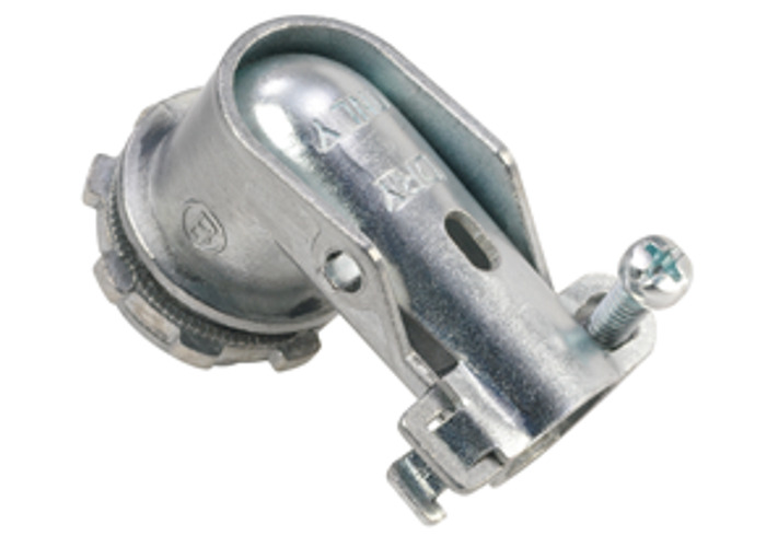 Connector, single screw 90 Degree, zinc die cast/insulated throat 105 Degree, flex size 3/8"