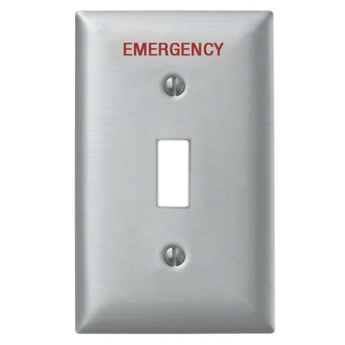 Wallplates and Boxes, Metallic Plates, 1-Gang, 1) Toggle Openings, Standard Size, Engraved "Emergency", Stainless Steel