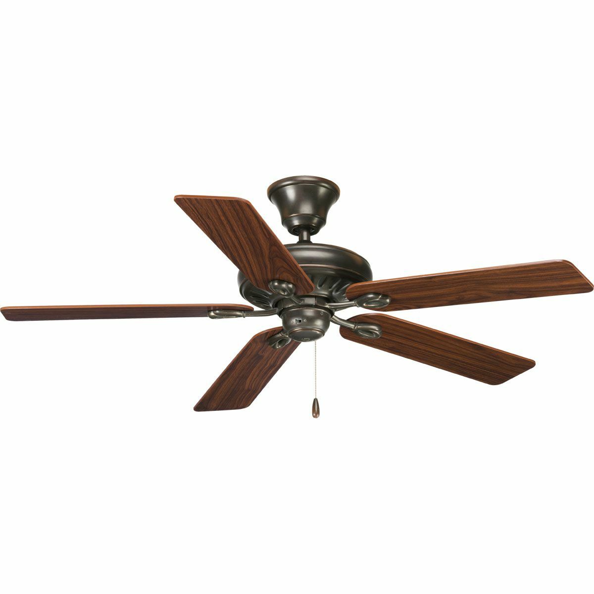 52 in Signature five-blade fan with reversible Medium Cherry/Classic Walnut blades, Antique Bronze finish, and 30 year limited warranty. Powerful AirPro motor features 3-speed control that can also be reversed to provide year-round comfort. Standard canopy is designed for sloped ceilings with 12:12 pitch and a 3/4 inx 4-1/2 in downrod is included. Can be used to comply with California Title 20.