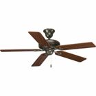 52 in Signature five-blade fan with reversible Medium Cherry/Classic Walnut blades, Antique Bronze finish, and 30 year limited warranty. Powerful AirPro motor features 3-speed control that can also be reversed to provide year-round comfort. Standard canopy is designed for sloped ceilings with 12:12 pitch and a 3/4 inx 4-1/2 in downrod is included. Can be used to comply with California Title 20.