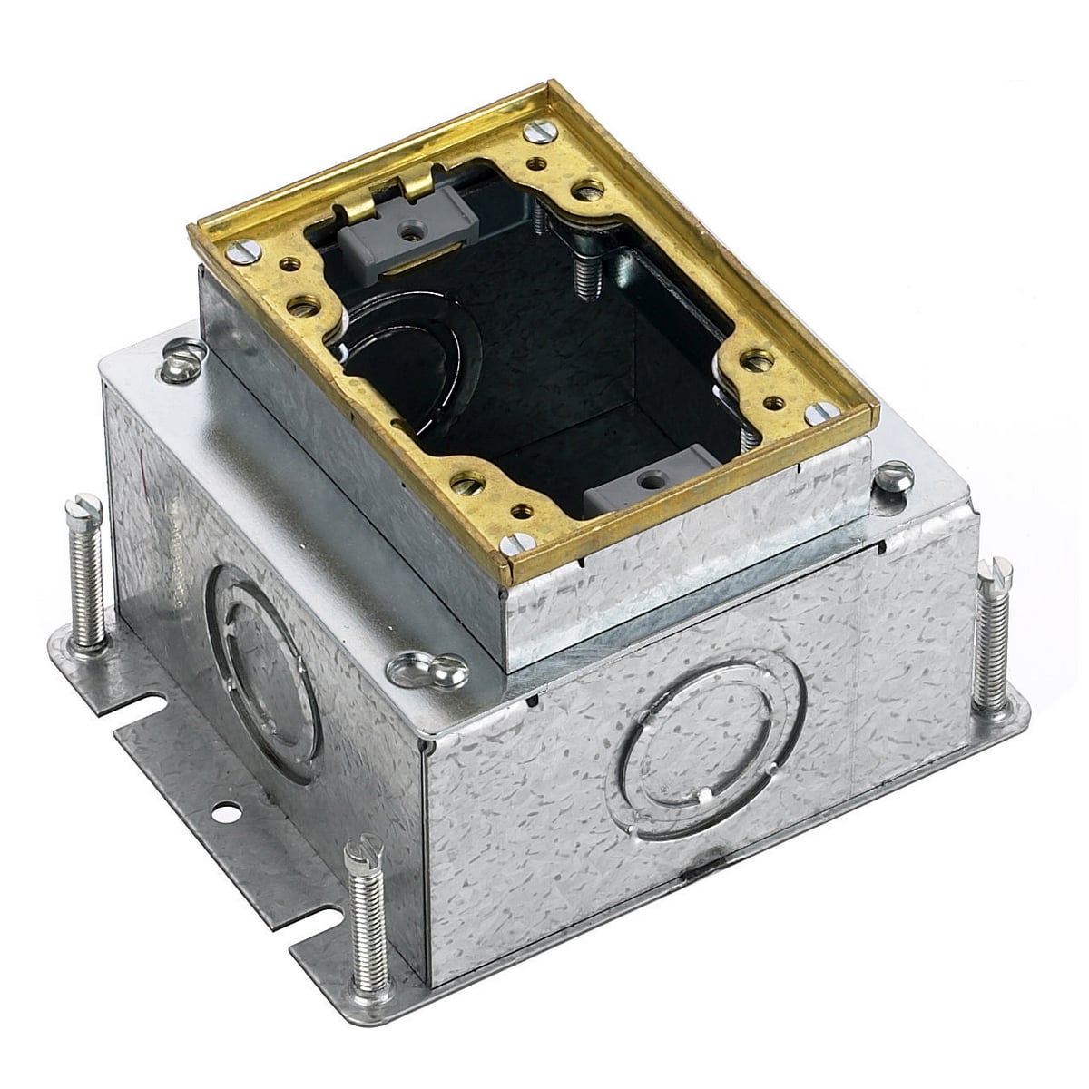 Flush Concrete Floor Box Series, 1-Gang, Rectangular Galvanized Stamped Steel Box, Deep, Fully Adjustable, Single Service, Brass Top