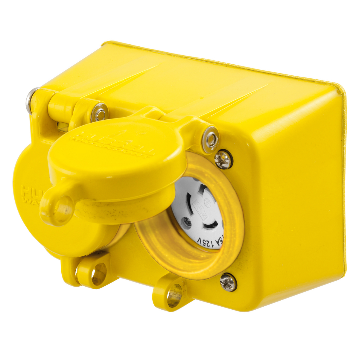 Watertight Devices, Twist-Lock Duplex Receptacle with Lift Cover, 15A, 125VAC, 2 Pole, 3 Wire, Thermoplastic elastomer, NEMA L5-15R, Yellow.