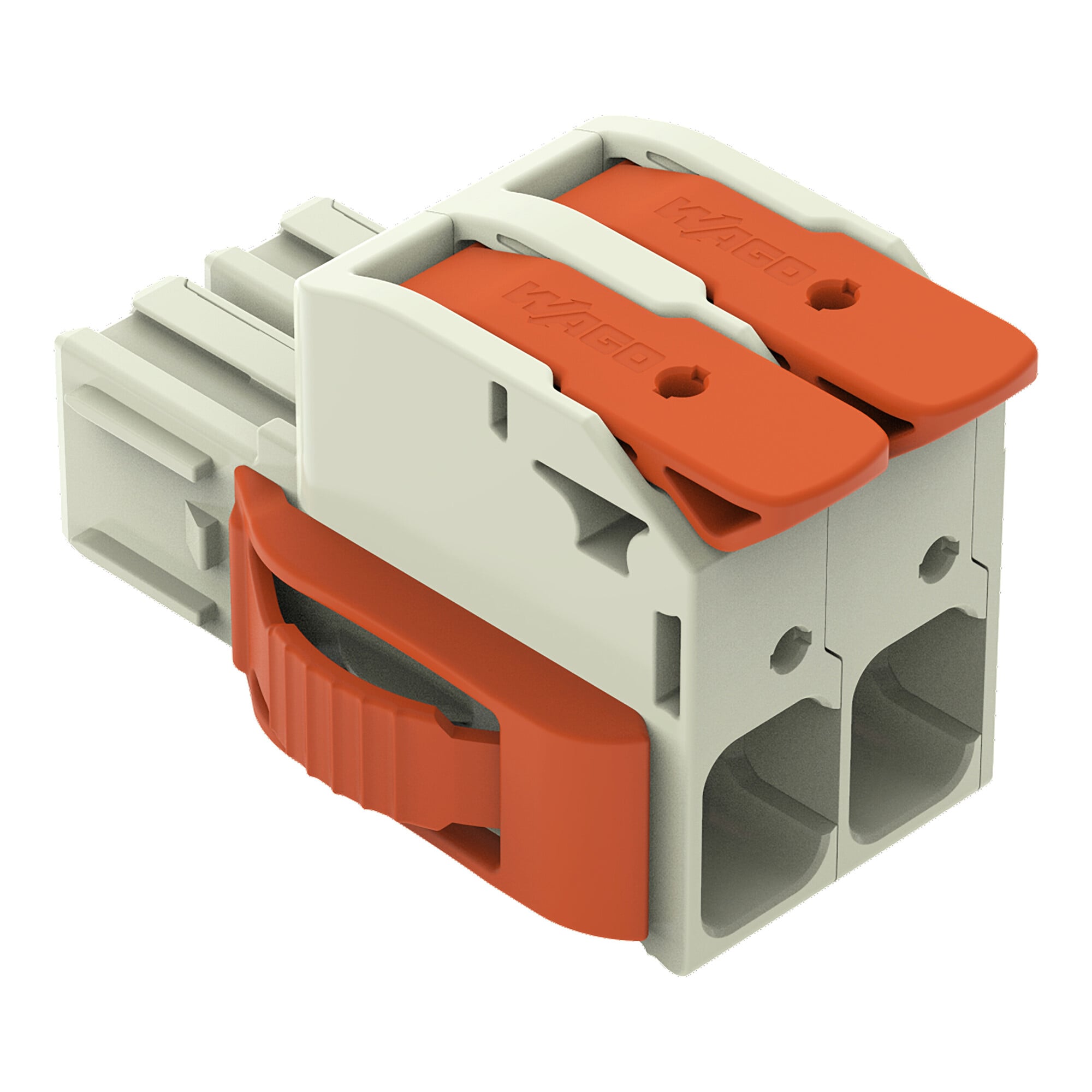 1-conductor female connector; lever; Push-in CAGE CLAMP; 16 mm; Pin spacing 10.16 mm; 2-pole; 100% protected against mismating; Lateral locking  levers; Silver-plated contacts; 16,00 mm; light gray