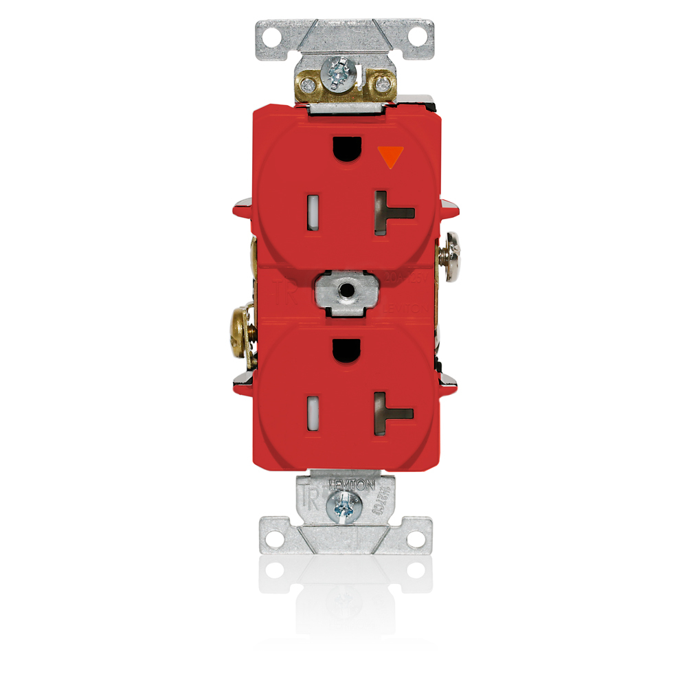 Duplex Receptacle, Tamper-resistant, Isolated Ground, 2-Pole 3-Wire Grounding, NEMA 5-20R, 20A-125V Flat Face, Back And Side Wired, Red. 1-piece Ground.