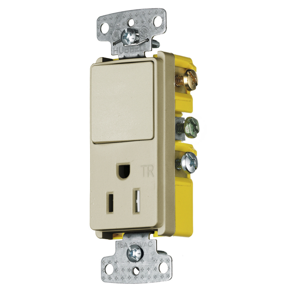 RCD108ITR Decorator 2-Position Standard Tamper-Resistant Combination Switch and Receptacle, Electrical Ratings: 120/125 VAC, 15 A, 1875 W, 1 Poles, 3 Wires, 14 to 12 AWG Wire, Snap Switch Reset