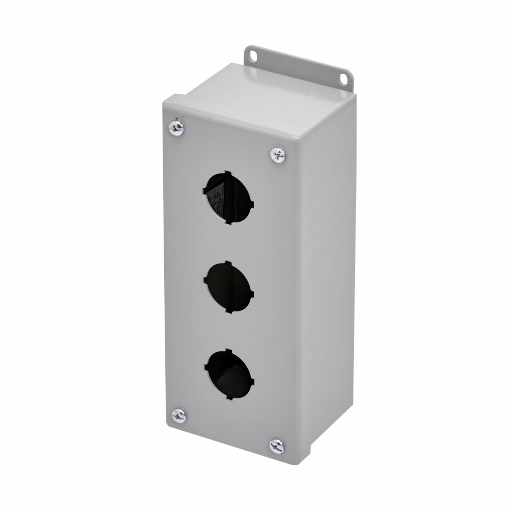 Eaton B-Line series push button enclosures, 8" height, 4.75" length, 4" width, NEMA 12, Screw cover, PV enclosure, Surface mounted, Medium single door, External mounting feet, Carbon steel, Oil-resistant gasket