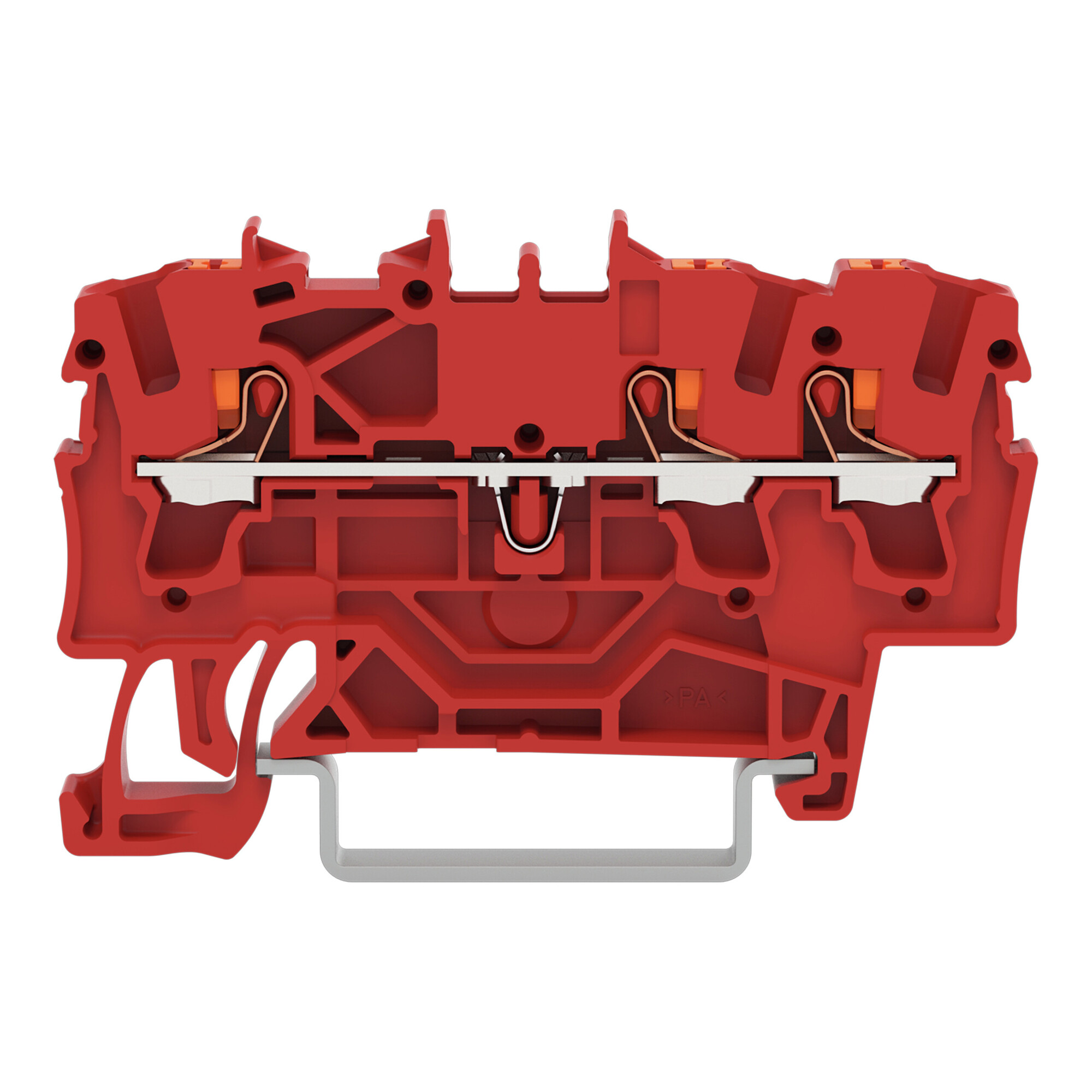 3-conductor through terminal block; with push-button; 2.5 mm; with test port; for Ex e II and Ex i applications; side and center marking; for DIN-rail 35 x 15 and 35 x 7.5; Push-in CAGE CLAMP; 2,50 mm; red