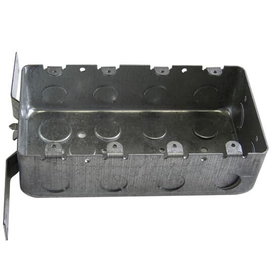 Three Gang Drawn Style Device Box, 58 Cubic Inches, 7-5/8 Inches Long x 4 Inches Wide x 2-1/8 Inches Deep, Drawn Construction with 1/2 Inch Knockouts, with CV Brackets Recessed 7/8 Inches, For use with Conduit