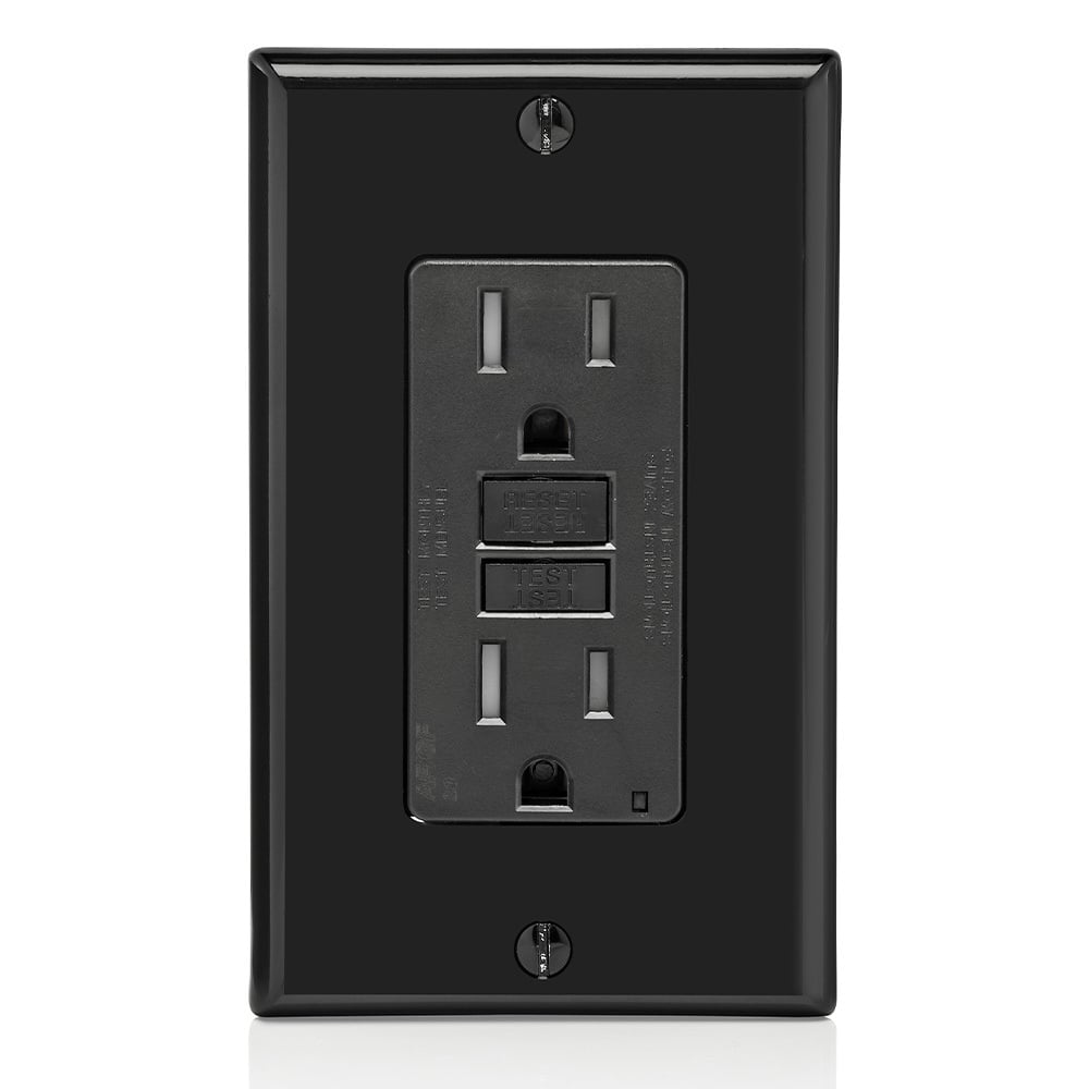 15 Amp, 125 Volt Dual Function AFCI/GFCI Receptacle, 20 Amp Feed-Through, Tamper-Resistant, Monochromatic, back and side wired, nylon wallplate/faceplate, screws and self-grounding clip included  Black