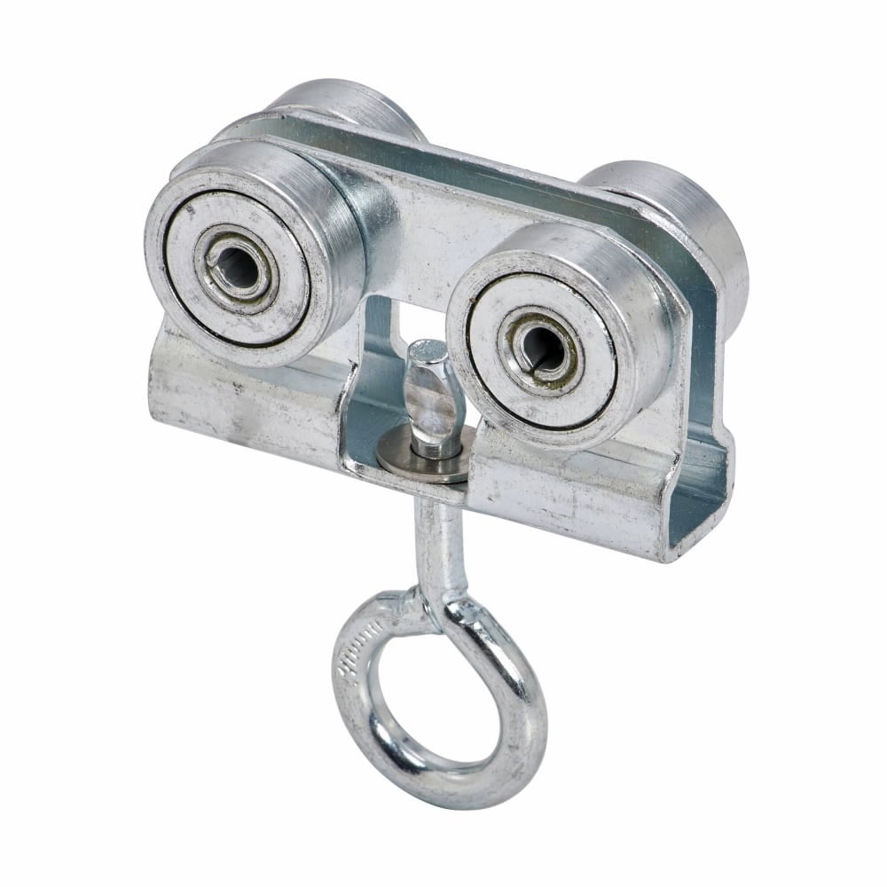 Eaton B-Line series trolley assembly, 3.93" H x 3" L x 1.6250" W, Steel, Electro-plated, 12 Gauge, Four bearing trolley assembly w/ eye hook