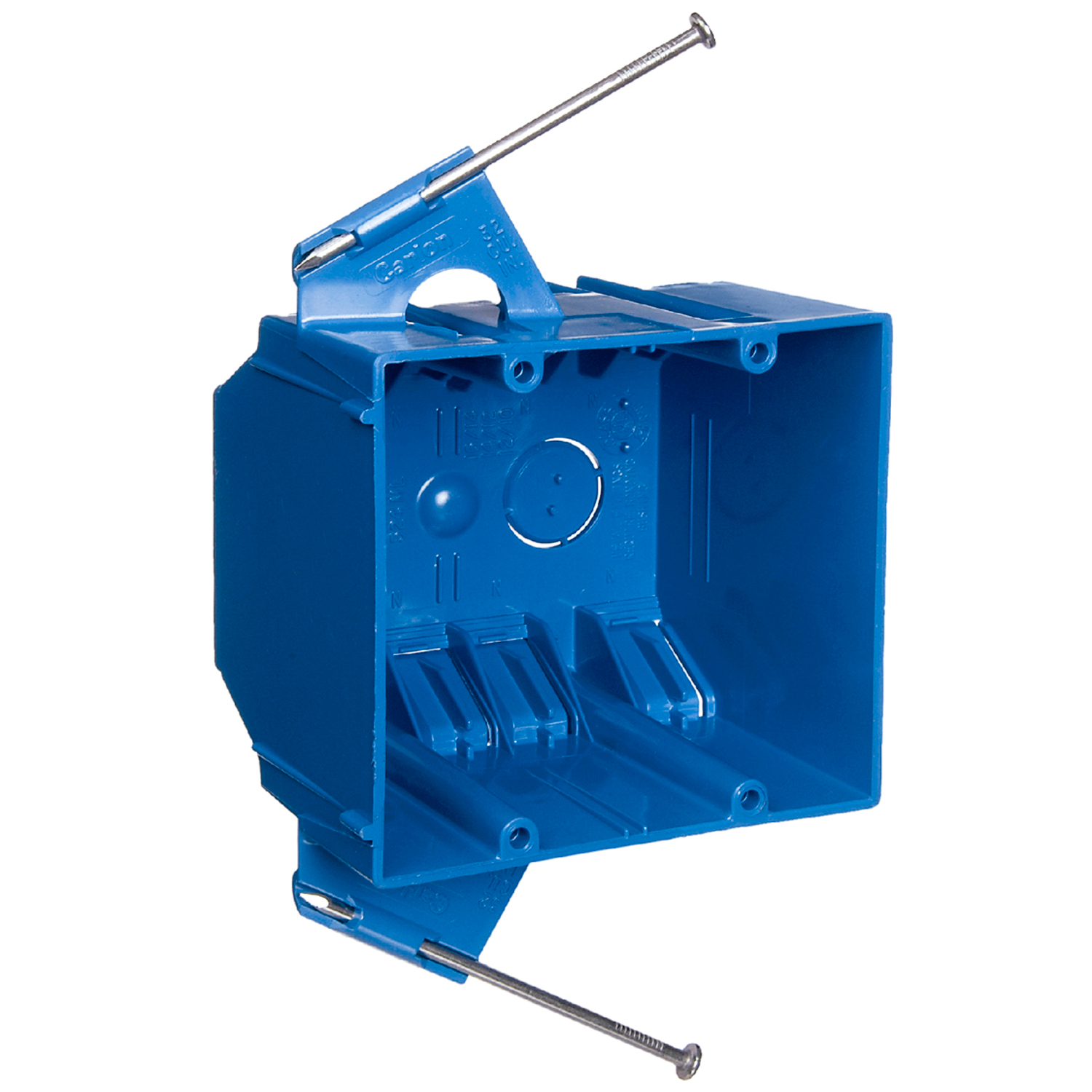 Two-Gang Nail-On New Work Outlet Box, Volume 32 Cubic Inches, Length 3-3/4 Inches, Width 4 Inches, Depth 3 Inches, Color Blue, Material PVC, Mounting Means Captive Nails