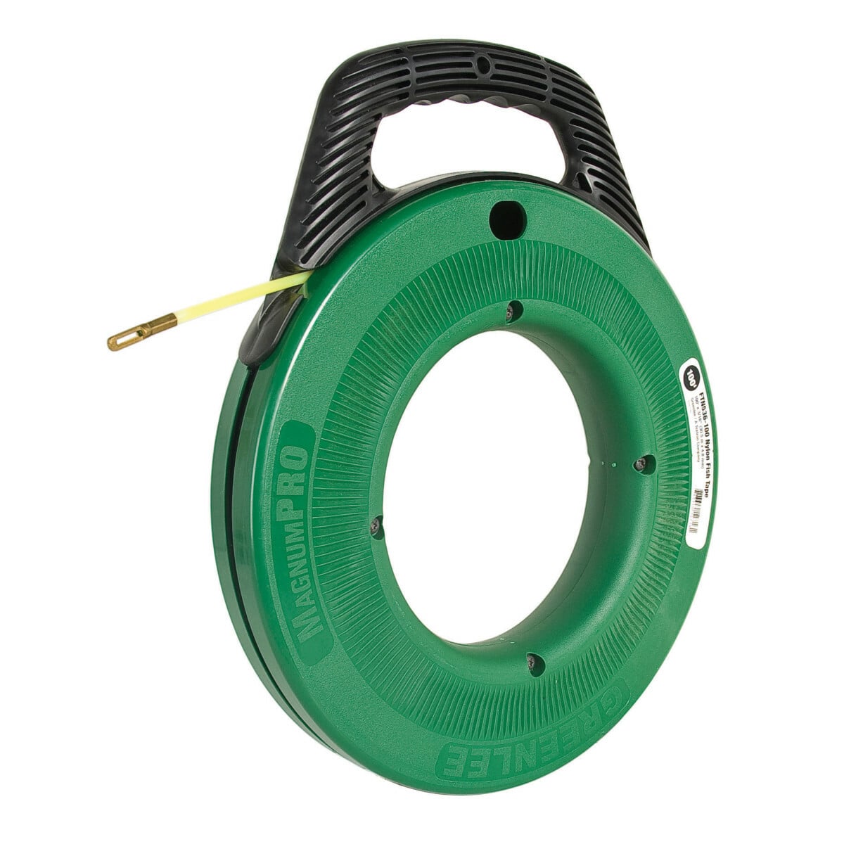 Nylon Fishtape 100" x 3/16" (30.5m x 4.8mm)  Non-conductive, curl resistant nylon tape for fast, clean fishing.  Good for fishing in conduit with wire or cable present.  Rugged case design improves drop impact capability.  Advanced comfort handle grip reduces fatigue.  Nylon fish tape is intended for fishing only.  Rope or line is recommended for pulling.