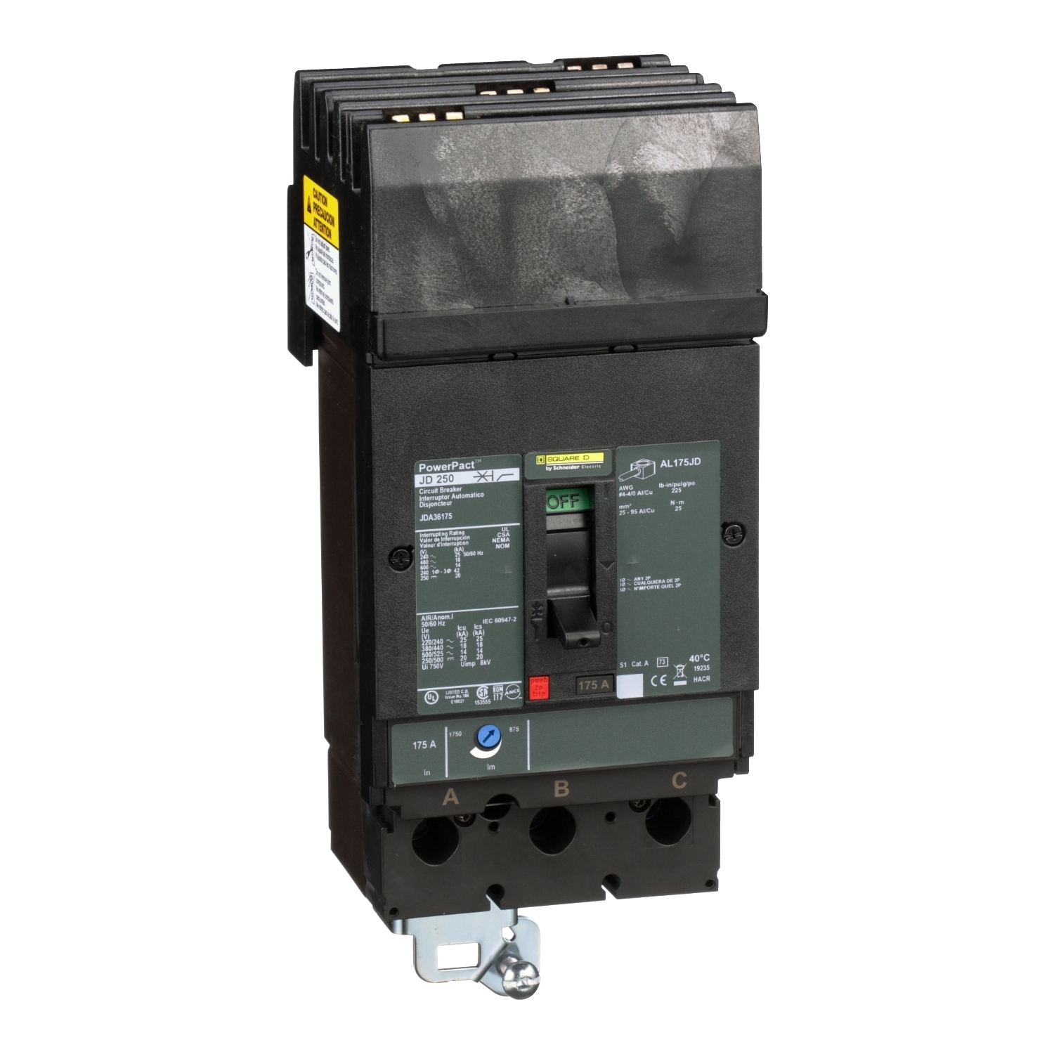 Circuit breaker, PowerPacT J, 175A, 3 pole, 600VAC, 14kA, I-Line, thermal magnetic, 80%, ABC
