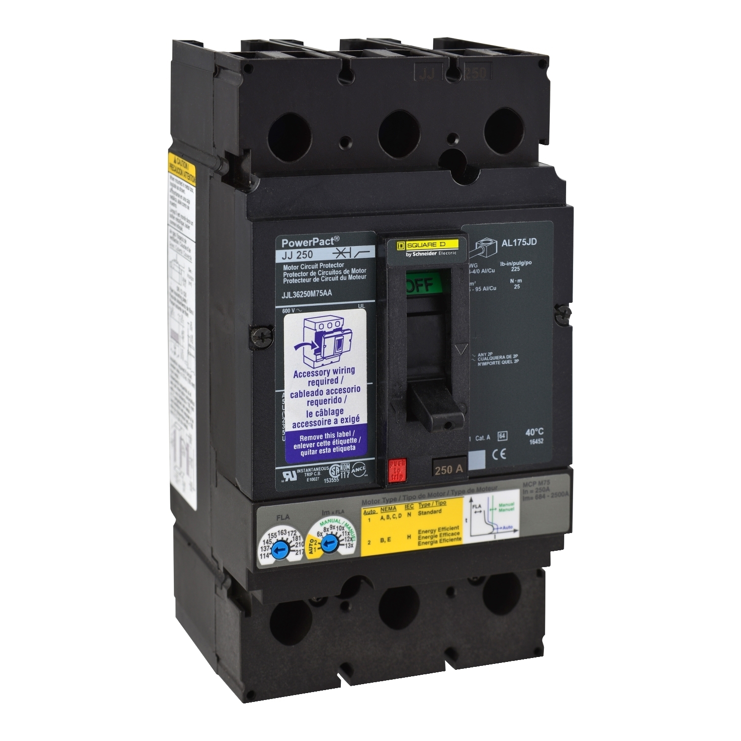 Motor circuit protector, PowerPacT J, 250A, 3 pole, 600VAC, 25kA, lugs, thermal magnetic, 80%, aux