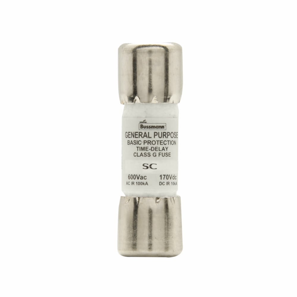Eaton Bussmann series SC fuse, Current-limiting time-delay fuse, Rejection style, 15 A, Class G, Non-indicating, Ferrule end x ferrule end, 12 sec at 200%, 100 kAIC at 600 Vac,10 kAIC at 170 Vdc, Bulk, 600 V, 170 Vdc