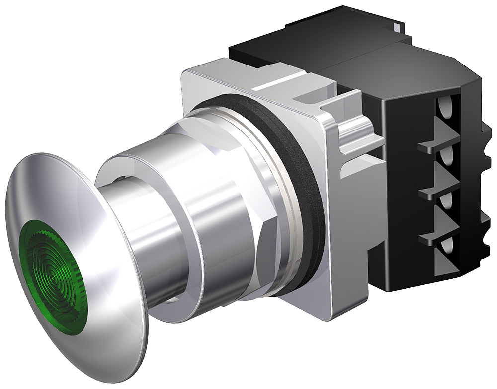 30mm command/52, chrome finish heavy duty,watertight/oiltight complete metal unit illuminated push-pull operator transformer type, 120V AC incandescent lamp mushroom head cap small 1 3/4 (44.5 mm) metal, chrome with green lens 2 position maintained