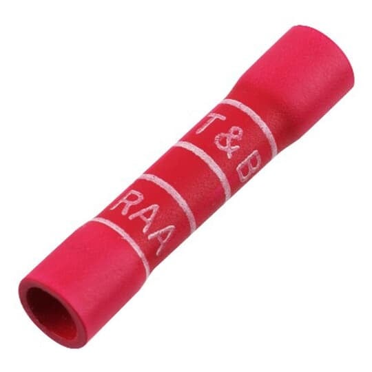 Expanded Vinyl Insulated Butt Splice, Length 1.13 Inches, Width .25 Inches, Maximum Insulation Diameter .170, Wire Range #22-#18 AWG, Color Red, Copper, Tin Plated, 1,000 Pack