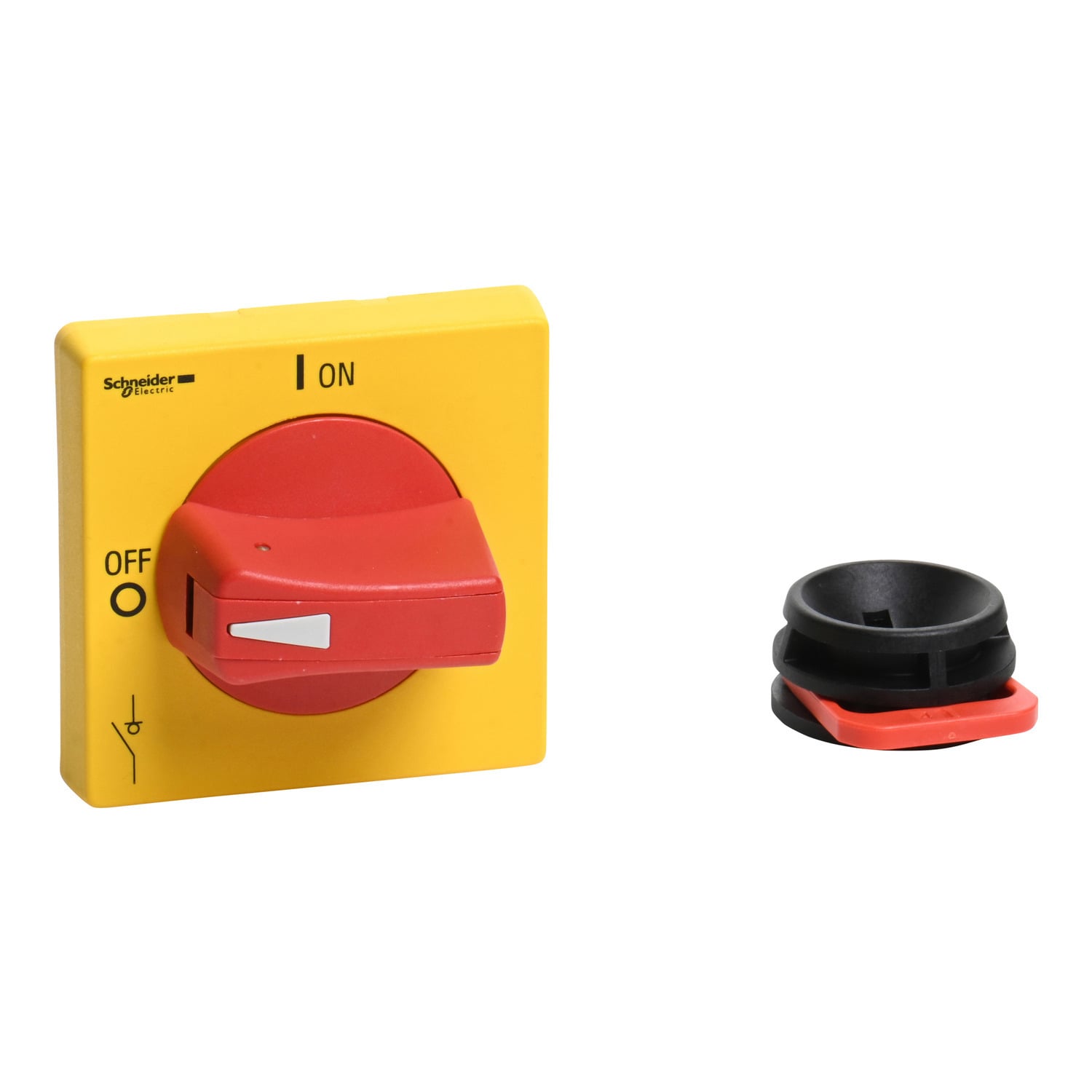 Disconnect switch, TeSys VLS, protruding rotary handle, hole mounting, 65x65mm, red handle, 5mm shaft
