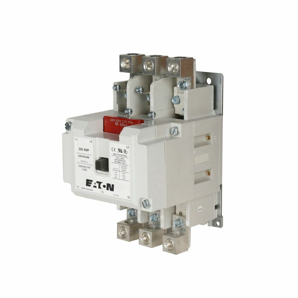 Eaton definite purpose contactor, Quick, 200A, 440-480 Vac, 50/60 Hz, Open with metal mounting plate, 15-50A, two- and three-pole, 200A, Contactor, Three-pole, 200A, Box lugs (posidrive setscrew), Non-reversing