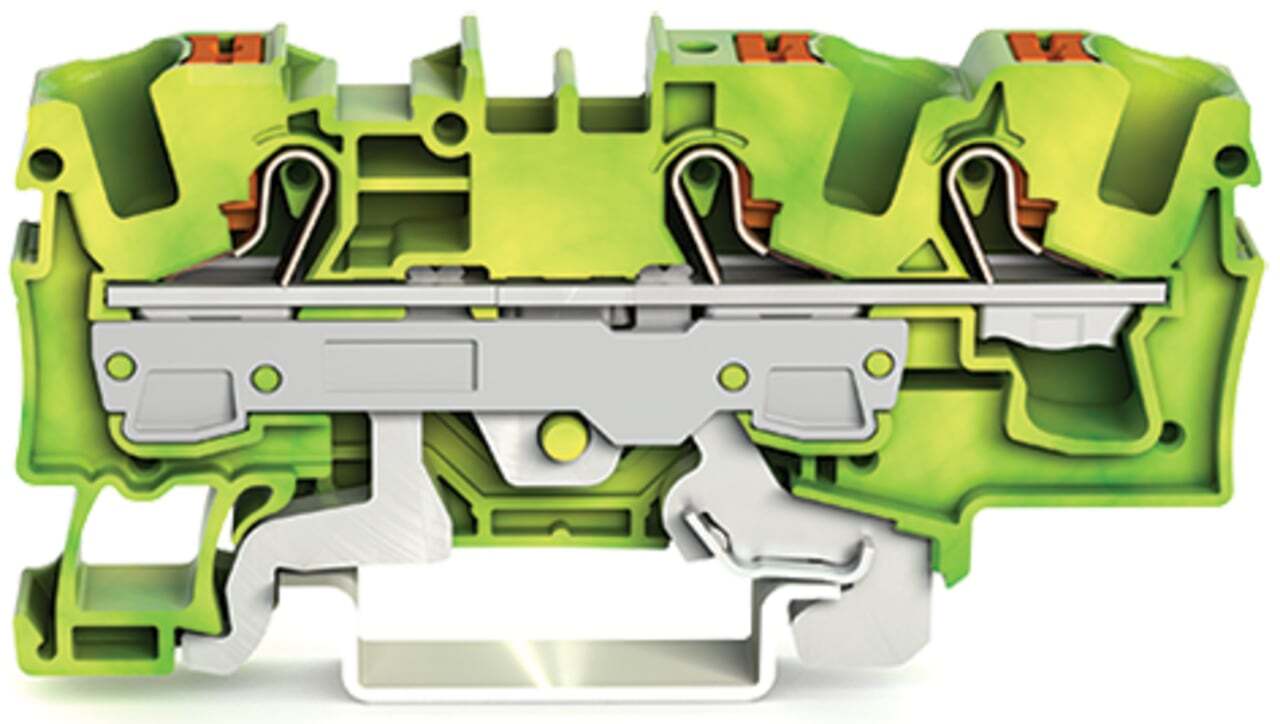 3-conductor ground terminal block; with push-button; 6 mm; with test port; side and center marking; for DIN-rail 35 x 15 and 35 x 7.5; Push-in CAGE CLAMP; 6,00 mm; green-yellow