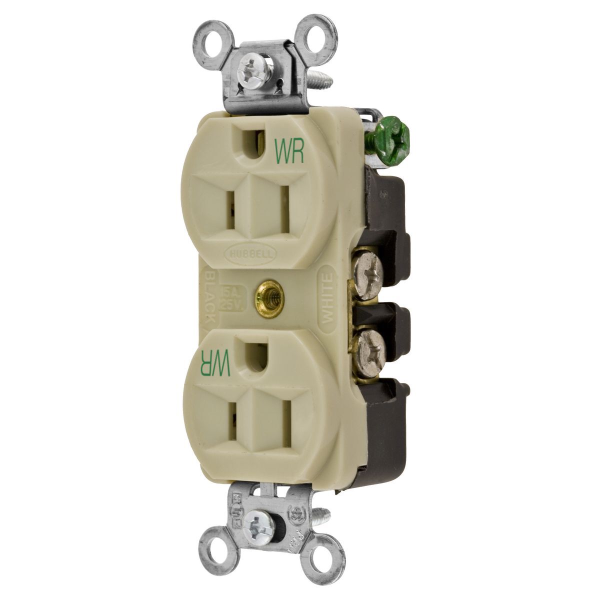 Straight Blade Devices, Weather Resistant Receptacles, Duplex, Commercial/Industrial Grade, 2-Pole 3-Wire Grounding, 15A 125V, 5-15R, Ivory