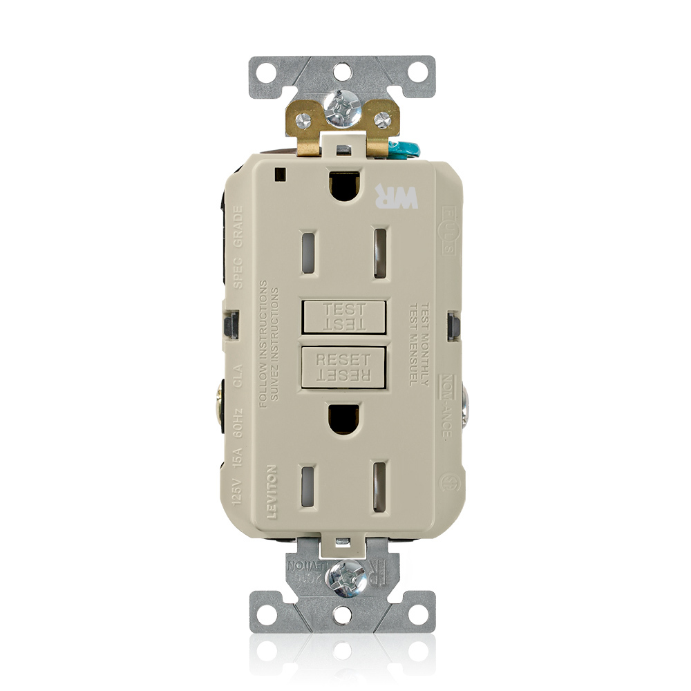 15 Amp, 125 Volt, SmartlockPro Self-Test GFCI Duplex Receptacle , NEMA 5-15R, 2P, 3W, Extra-Heavy Duty Industrial Grade, Weather & Tamper-Resistant, 20A Feed-Through, Back or Side Wired - IVORY