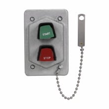 Eaton Crouse-Hinds series DS pushbutton switch cover, Feraloy iron alloy, Single-gang, (1) green pushbutton (normally open) marked START, (1) red START pushbutton (normally closed) marked STOP, gasket