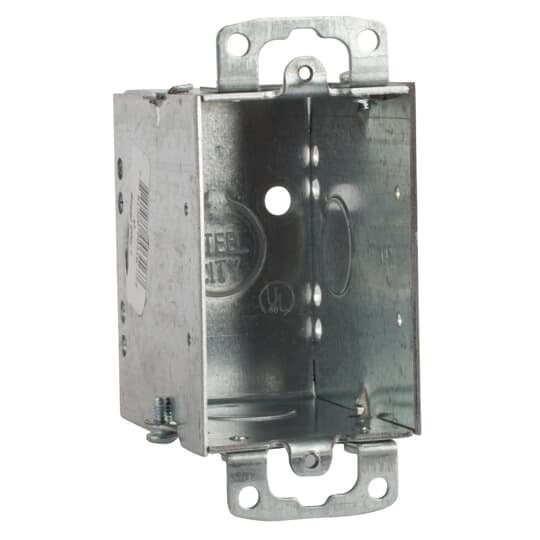 Gangable Switch Box, 14 Cubic Inches, 3 Inches Long x 2 Inches Wide x 2-3/4 Inches Deep, 1/2 Inch Knockouts, Galvanized Steel, Two Nail Holes in Sides, Furnished with Plaster Ears, For use with Conduit