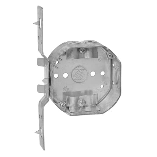 Octagon Box, 15.8 Cubic Inches, 4 Inch Diameter x 1-1/2 Inches Deep, 1/2 Inch Knockouts, Pre-Galvanized Steel, Drawn Construction, with Non-Metallic Cable Clamps (C-5) and V Bracket, For use with Non-Metallic Sheathed Cable