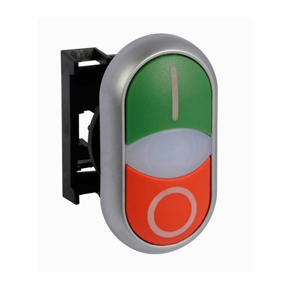 Eaton M22 modular pushbutton, 22.5 mm, Extended, Momentary, Illuminated, Bezel: Silver, Button: Top Green, Bottom Red, Inscription: Top I, Bottom O/ X1, X0, IP66, NEMA 4X, 13, Light 100,000 hours, Button 200,000 Operations