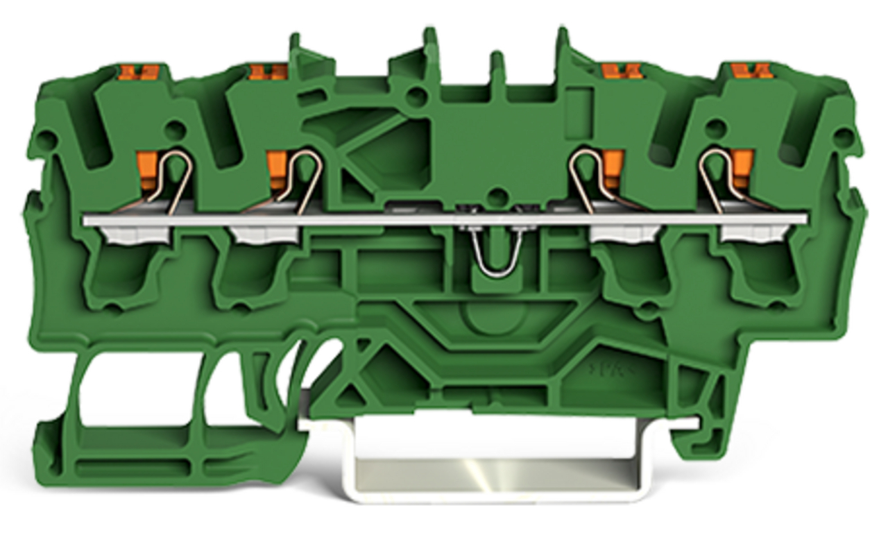 4-conductor through terminal block; with push-button; 2.5 mm; with test port; suitable for Ex e II applications; side and center marking; for DIN-rail 35 x 15 and 35 x 7.5; Push-in CAGE CLAMP; 2,50 mm; green