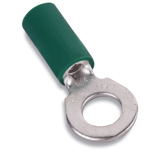 Vinyl-Insulated Heavy-Duty Ring Terminal, Length 1.19 Inches, Width .51 Inch, Maximum Insulation 0.21, Bolt Size 1/4 Inch, Wire Range 16-14 Heavy Duty AWG, Color Green, Copper, Tin Plated