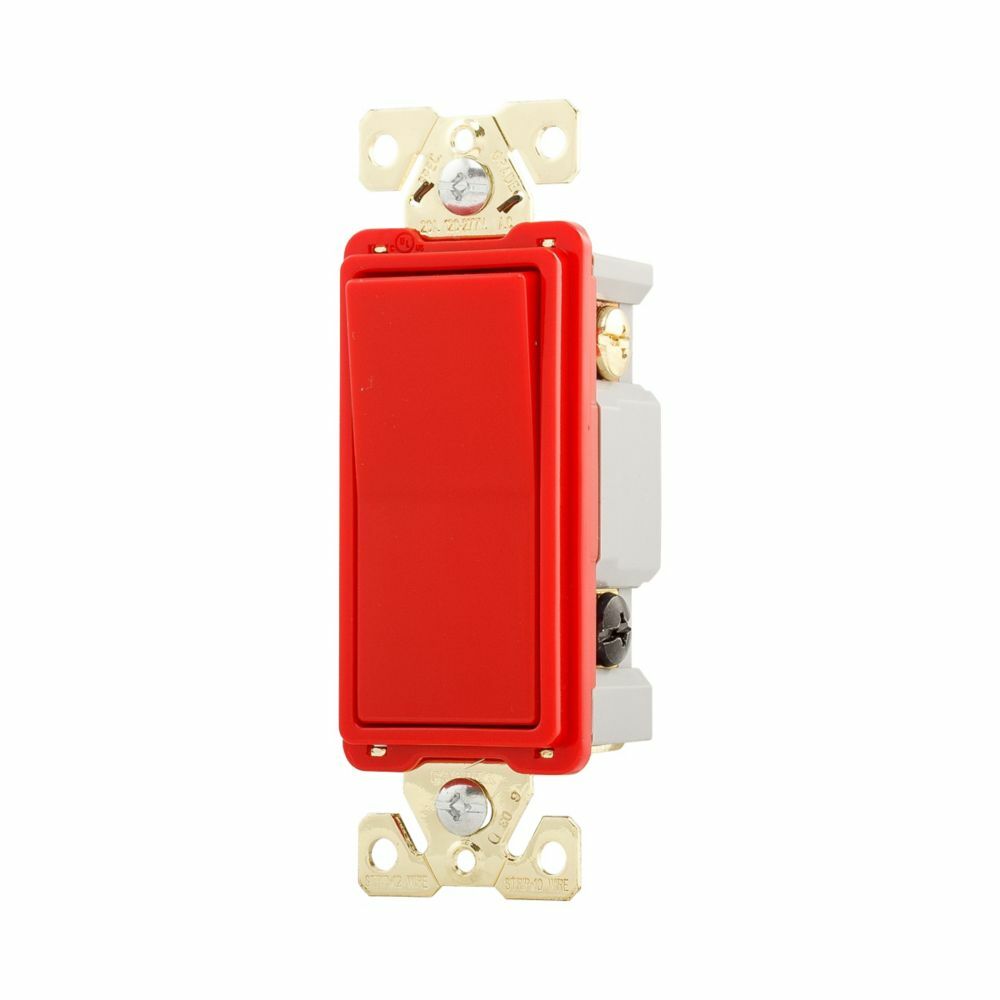 Eaton commercial grade decorator switch, Box, #14-10 AWG, 20A, Flush, 120/277V, Back/push, Antimicrobial paddle, Maintained, Red, Motor Control, Fan, LED, Incand, ELV,MLV,CFL, Florscnt, Halogen, Single-pole, Thermoplastic 647284