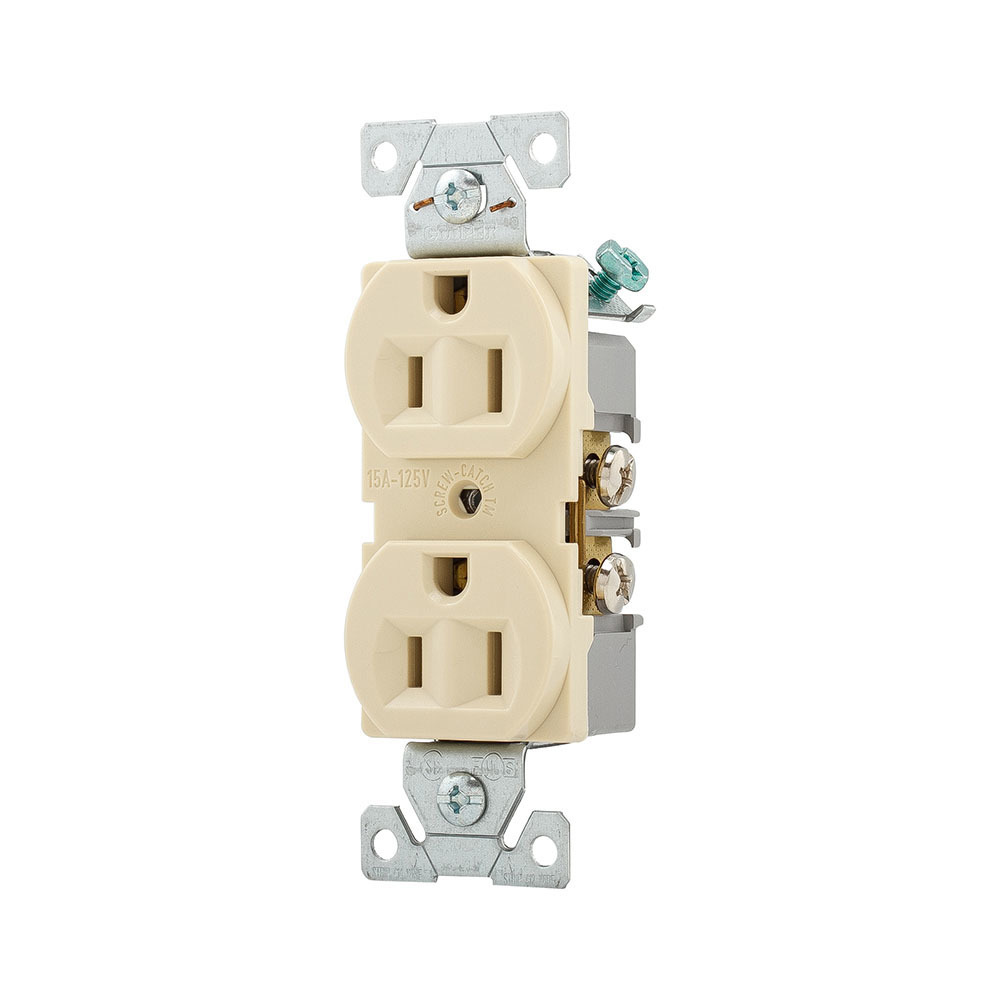 Eaton Arrow Hart heavy-duty industrial specification grade duplex receptacle, #14-10 AWG, 15A, Industrial, Flush, 125V, Back and side, Ivory, Brass, High-impact nylon face, 5-15R, Duplex, Screw, Glass-filled nylon