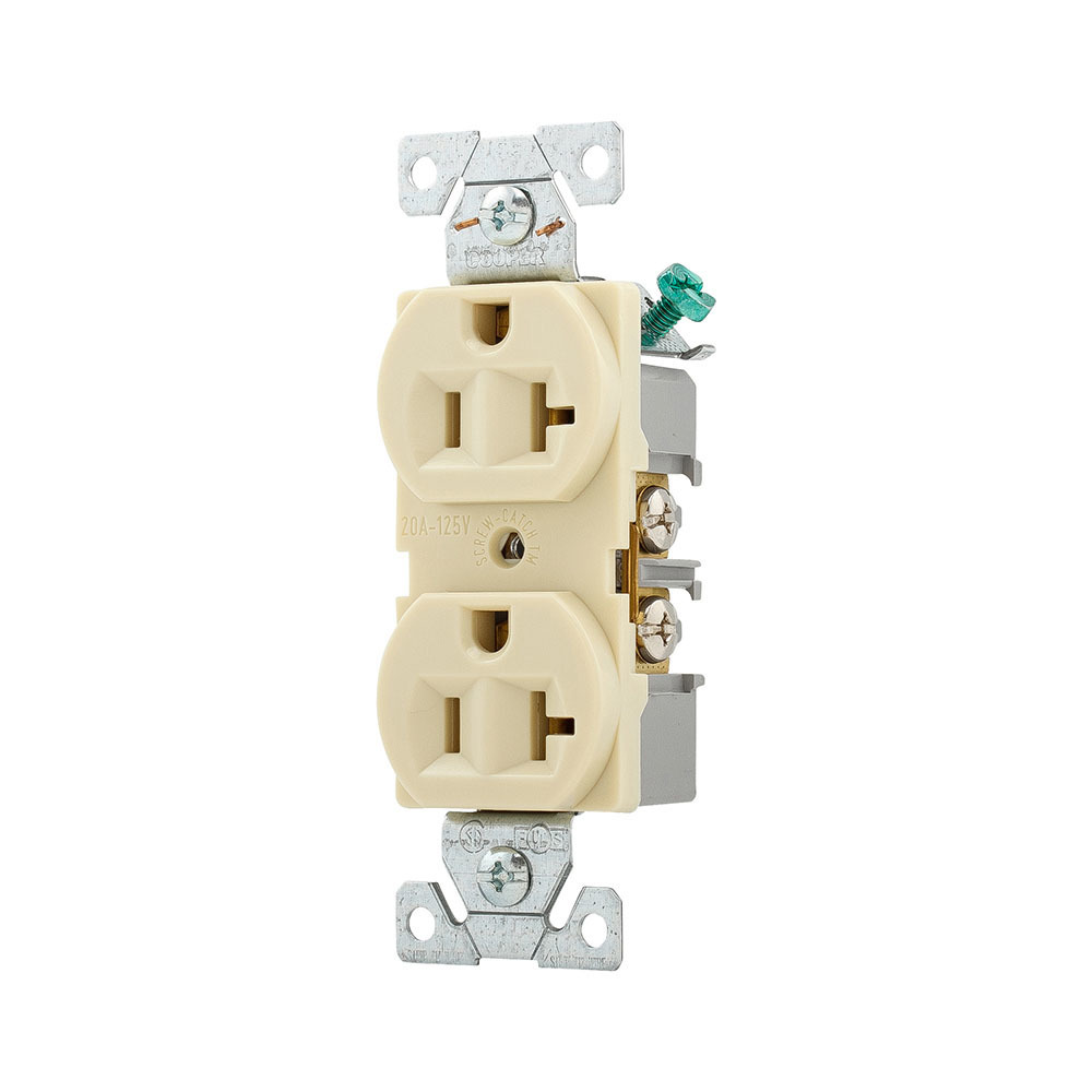 Eaton Arrow Hart heavy-duty industrial specification grade duplex receptacle, #14-10 AWG, 20A, Industrial, Flush, 125V, Back and side, Ivory, Brass, Nylon, 5-20R, Duplex, Screw, Glass-filled nylon