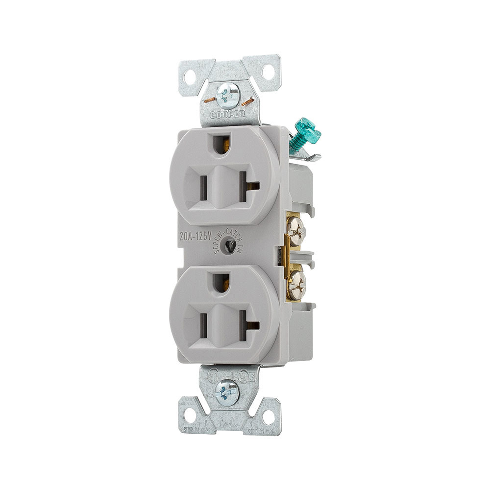 Eaton Arrow Hart heavy-duty industrial specification grade duplex receptacle, #14-10 AWG, 20A, Industrial, Flush, 125V, Back and side, White, Brass, Nylon, 5-20R, Duplex, Screw, Glass-filled nylon